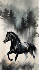Fototapeta premium AI image generate black stallion arabic calligraphy painting