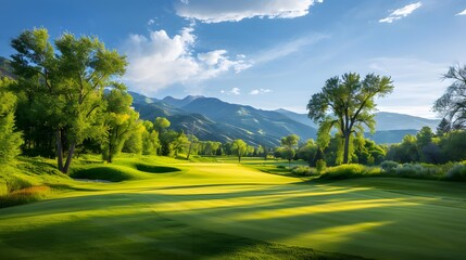 green grass on huge golf fields in summer day