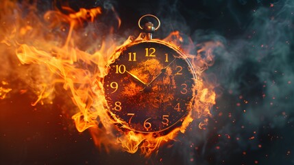 Clock on fire, time concept background. The burning retro watch symbolizes the passage of time