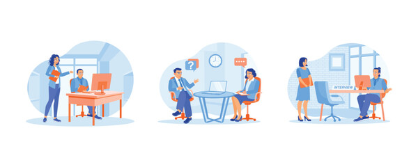 Job seeker meets the manager. Discuss work assignments. job interview with an HR leader. Job interview concept. Set flat vector illustration.
