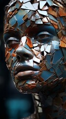 Close-up of a mosaic art face sculpture with colorful shards. The intricate details and abstract design highlight human creativity and expression.