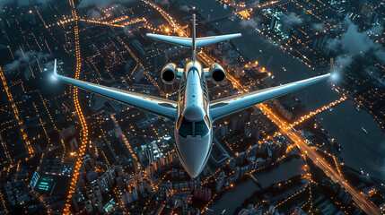 A private  jet in mid flight over a city. Night time, High angle, Birds Eye view. Corporate, travel, business, Aerial photo, Gulfstream; cessna; Learjet; landscape