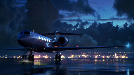 A corporate plane taxis on a runway, drama, night, sky, city lights, private aviation, a rich executive or celebrity travel- Gulfstream