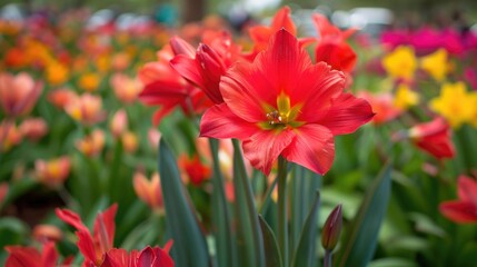 Vivid red blossom magnified on a garden bed