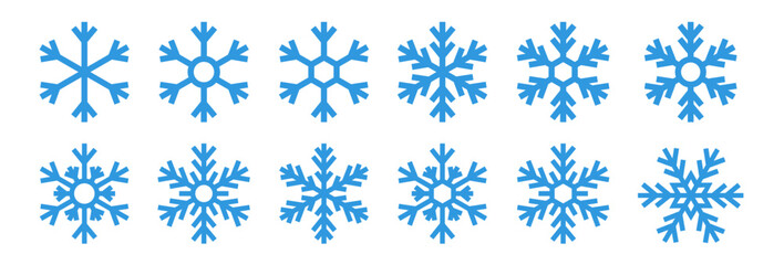 Set blue snowflake icons collection isolated on white background.	