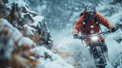 Fototapeta premium A man is riding a bike in the snow with his helmet on