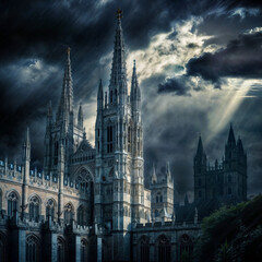Fototapeta premium a picture of a cathedral with the sun shining through the clouds.