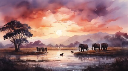 Noah's Ark. Watercolor painting with silhouettes of animals 