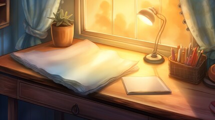 Fototapeta premium Cozy study desk by the window with a lamp, open book, plant, and pencils basking in warm, natural sunlight.