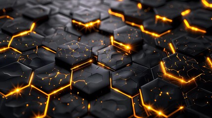 Fototapeta premium Luxury hexagonal abstract black metal background with golden light lines. Dark 3d geometric texture illustration. 