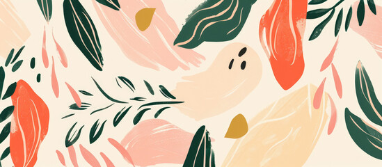 Naklejka premium Abstract organic shapes and foliage in pastel pink, peach and green on a cream background