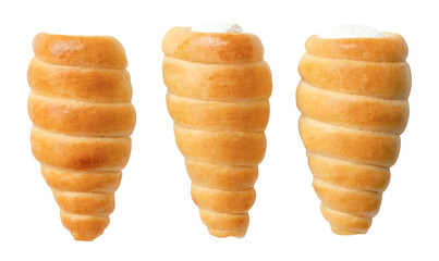 Top view set of puff pastry cream horns scattering isolated on white background with clipping path