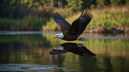 Obraz premium Symmetrical photo of a Bald eagle flying above a Pond and its Reflection underneath with claws in action with copy space, ready to prey 