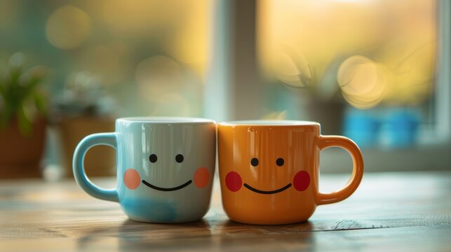 Two couple Cups with smiley faces on a desk. International Friendship Day Concept.