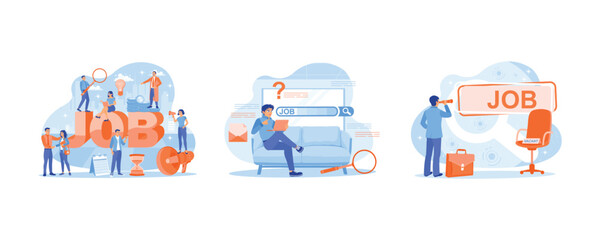 People looking for work. Looking for job vacancies on a laptop from home. occupy a vacant position. Job Search concept. Set flat vector illustration.