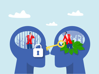  people holding big key for unlock think growth mindset different fixed mindset concept vector