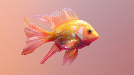 Fototapeta premium A vibrant goldfish with delicate, flowing fins swims gracefully against a soft peach-colored background.