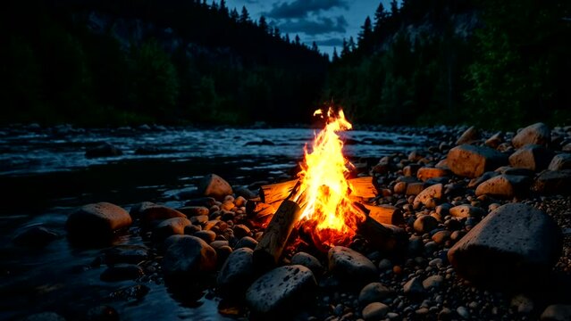 Campfire on river rocks at night, in summer  Seamless looping 4k time-lapse animation video background