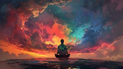 Back of man practicing yoga at night with starlit background. Meditating in the universe, representing the tranquility and serenity of the human being. 