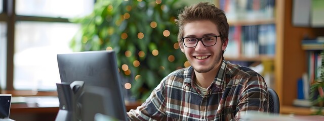 Confident Young Principal Utilizing Computer in Cozy Academic Environment