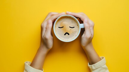 Holding a cup of coffee in one hand, the emotional expression of coffee, with a yellow background, this concept describes feelings of sadness and depression in the morning or at the end of the workday