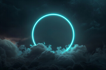 Aqua neon ring casts a glowing light on a dark clouded night sky in a 3D portrait frame.