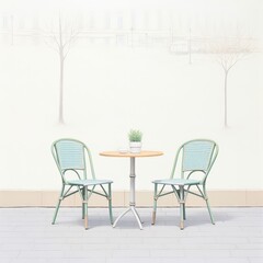 Minimalist outdoor cafe setting with two green chairs and a small round table against a white wall with tree silhouettes.