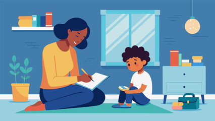 A parent sitting in their childs room writing in their gratitude journal and reflecting on the moments of joy their child has brought into their life.. Vector illustration