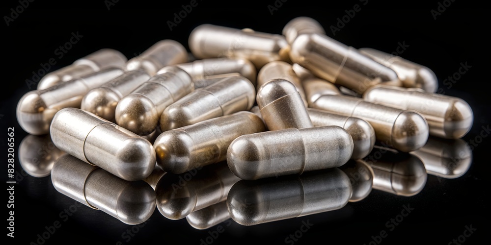 Poster a pile of pills with a shiny, reflective surface