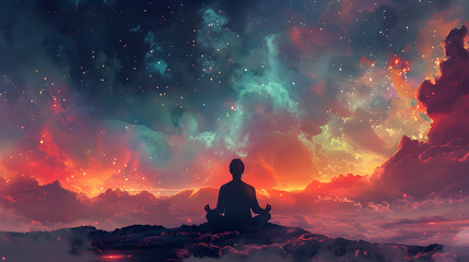 Back of man practicing yoga at night with starlit background.  Milky Way and a mountain landscape. 