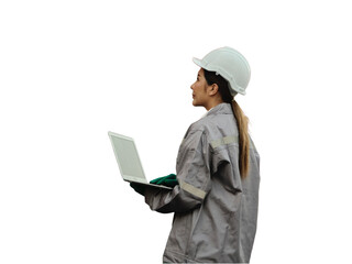 Female worker wearing safety helmet and working with container