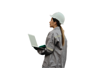 Female worker wearing safety helmet and working with container