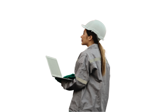 Female worker wearing safety helmet and working with container