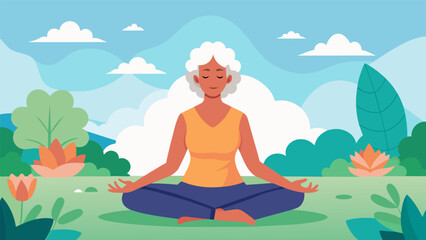 A photo of a woman practicing mindfulness and meditation in a peaceful garden setting. The caption reads Finding inner peace and clarity in your later years attend our Aging. Vector illustration