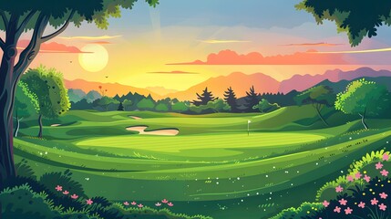 Obraz premium green grass on huge golf fields in summer day