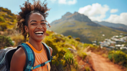 Naklejka premium happy young sportswoman lady laughing happily while jogging along beautiful mountain trail in outdoor nature