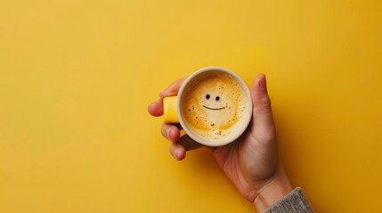 Holding a cup of coffee in one hand, the emotional expression of coffee, with a yellow background,...