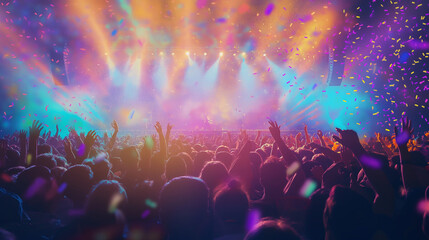 The concert crowd erupted with excitement as colorful stage lights and confetti filled the air.
