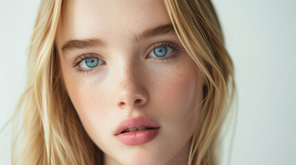 Naklejka premium close-up face of blonde teenager with straight hair, light blue eyes, pale skin, high cheekbones and full lips model makeup facing forward isolated on white background