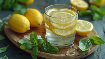 Fototapeta premium Healthy drinks, Refreshing glass of lemon water with lemon slices and basil leaves.