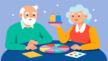 A senior couple playing a game of Trivial Pursuit testing their knowledge on various categories and reminiscing about past experiences.. Vector illustration