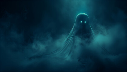Eerie digital illustration of a ghost emerging from the mist, with glowing eyes, perfect for themes related to national ghost hunting day, horror, or supernatural occurrences