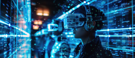 Naklejka premium virtual reality vr headset technology digital world data future concept illustration with communication connections blue dot lines around woman face