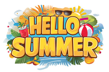 Retro with Yellow color of Hello Summer Text Typography Design on transparent background, Copy Space Area.