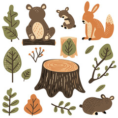 Obraz premium bear, fox, and squirrel in a natural habitat with leaves and a tree stump