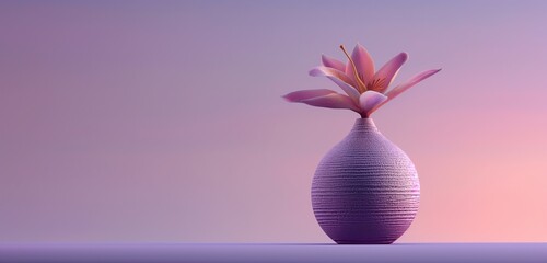 An elegant vase holding a single exotic flower, set against a gradient of violet hues, focusing on...