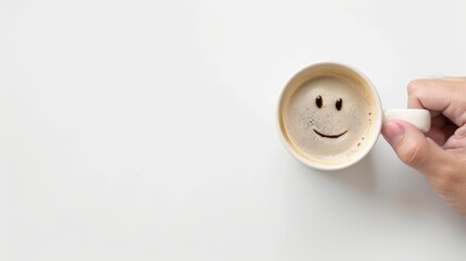 Holding a cup of coffee in one hand, the emotional expression of coffee, with a smiling face on a white background, the concept describes feelings of sadness and depression in the morning or at the en