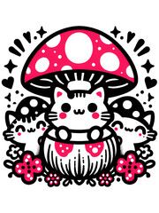 Whimsical Cat & Mushroom Gathering