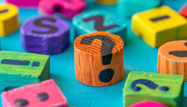 Vivid and educational arrangement of painted wooden punctuation blocks on a bright blue background, celebrating national punctuation day with playful learning for language and grammar development