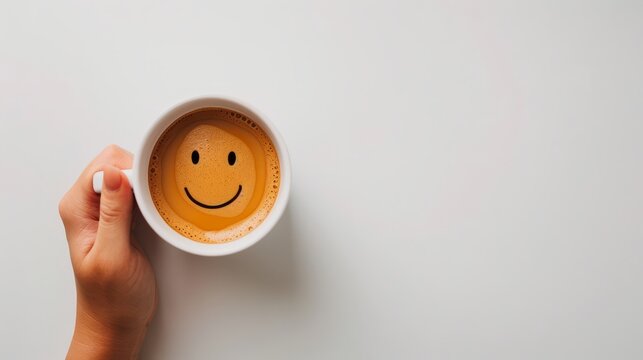 Holding a cup of coffee in one hand, the emotional expression of coffee, with a smiling face on a white background, the concept describes feelings of sadness and depression in the morning or at the en